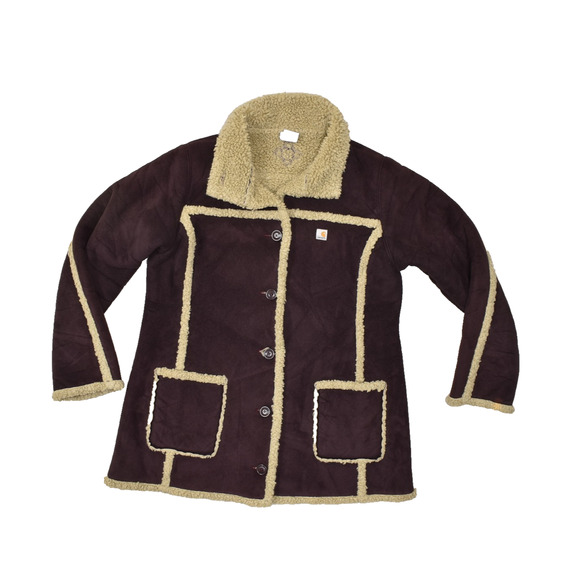 Vintage Carhartt Women's Brown Sherpa Lined Jacket Coat Buttons Regular Size L - Picture 1 of 8